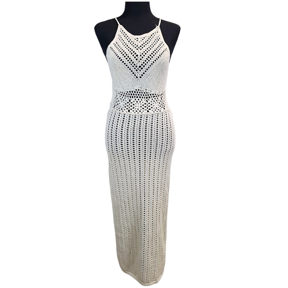 Forever 21 Ivory Crochet Knit Midi Dress Small Boho Chic Resort Beach Cover Up - Picture 2 of 12